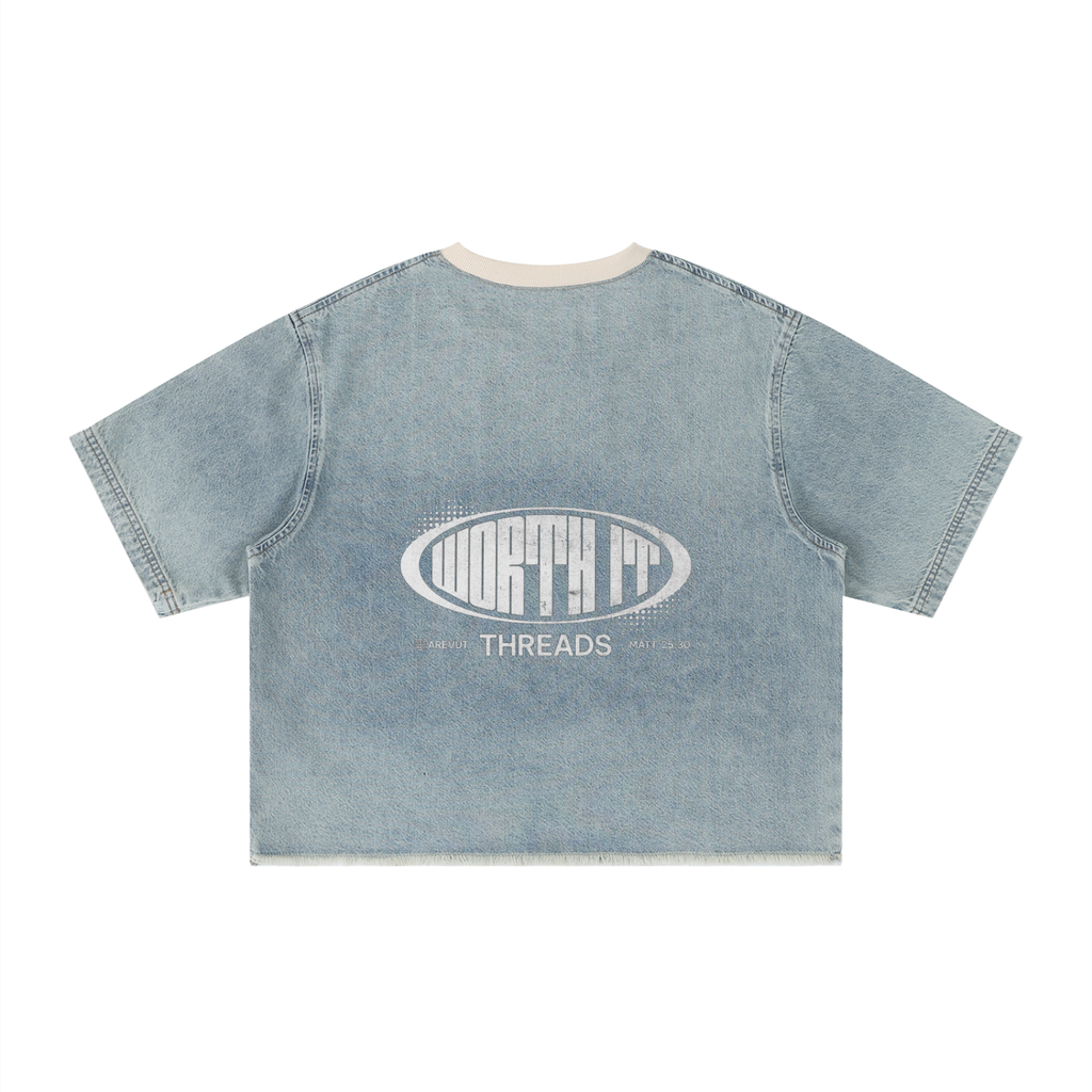 Unisex Vintage Wash Boxy Raw Hem Denim T-Shirt